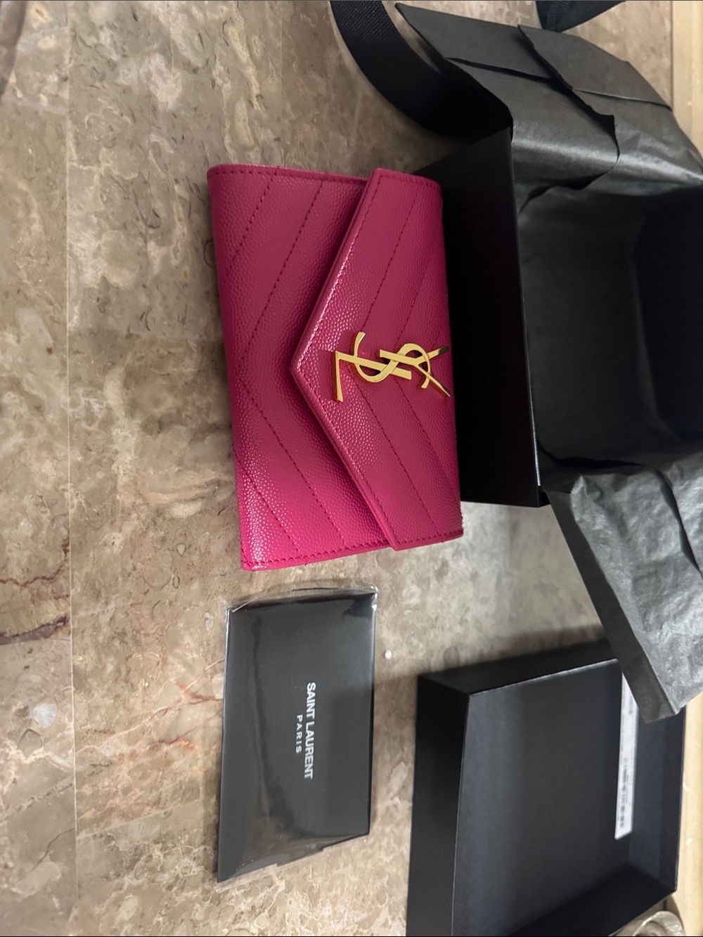 Saint Laurent Fuchsia Chevron Quilted Wallet with Gold YSL Emblem - Picture 5 of 10